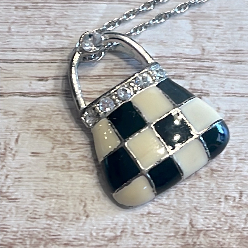 Sterling Silver Chain Checkered Black and Cream Purse CZ Diamonds Necklace